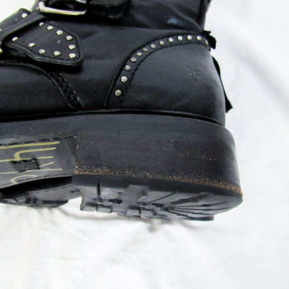SOLD FRYE Black Leather 'Samantha' Studded Combat Biker Moto Boots -9 1/2 - Picture 14 of 15